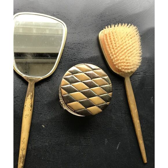 ANTIQUE GLASS POWDER VANITY BOX HAND MIRROR AND HAIR BRUSH Gold Aurora Borealis - Picture 4 of 9